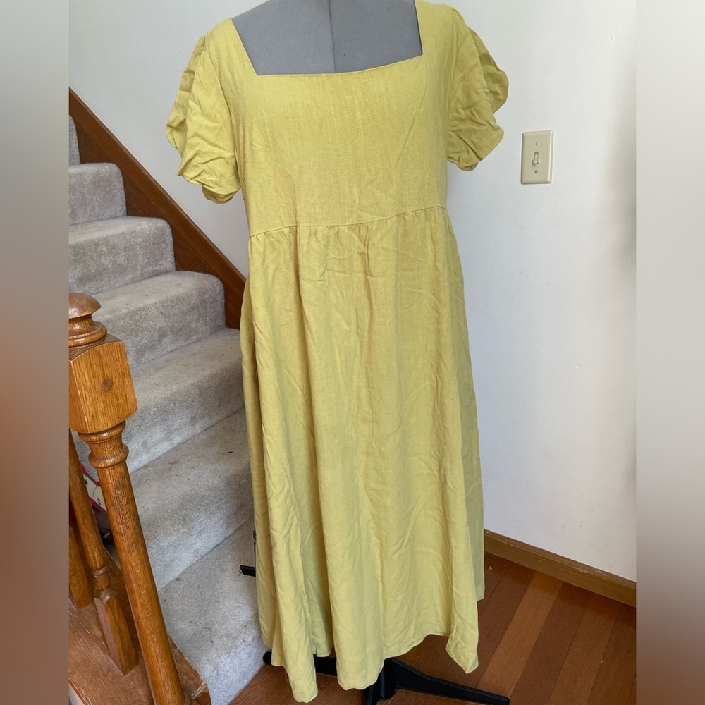 Green Maxi Sundress with Puff Sleeves cotton linen